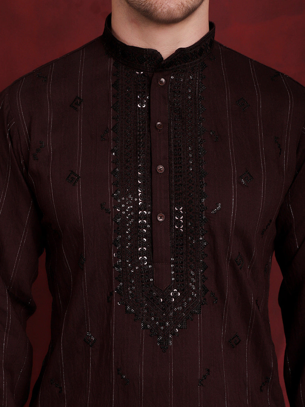 Jompers Men's Sequins Embroidered Kurta - Maroon | Grocsy