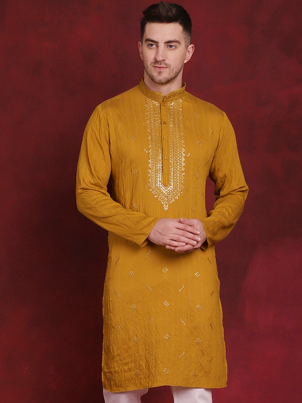 Jompers Men's Sequins Embroidered Kurta - Mustard | Grocsy
