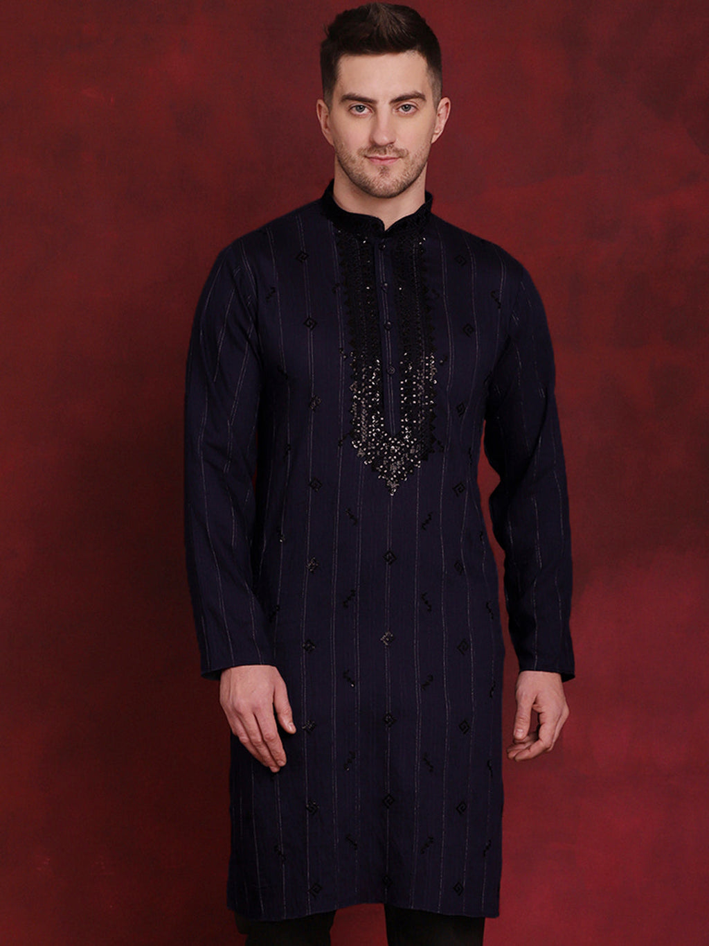 Jompers Men's Sequins Embroidered Kurta - Navy Blue | Grocsy
