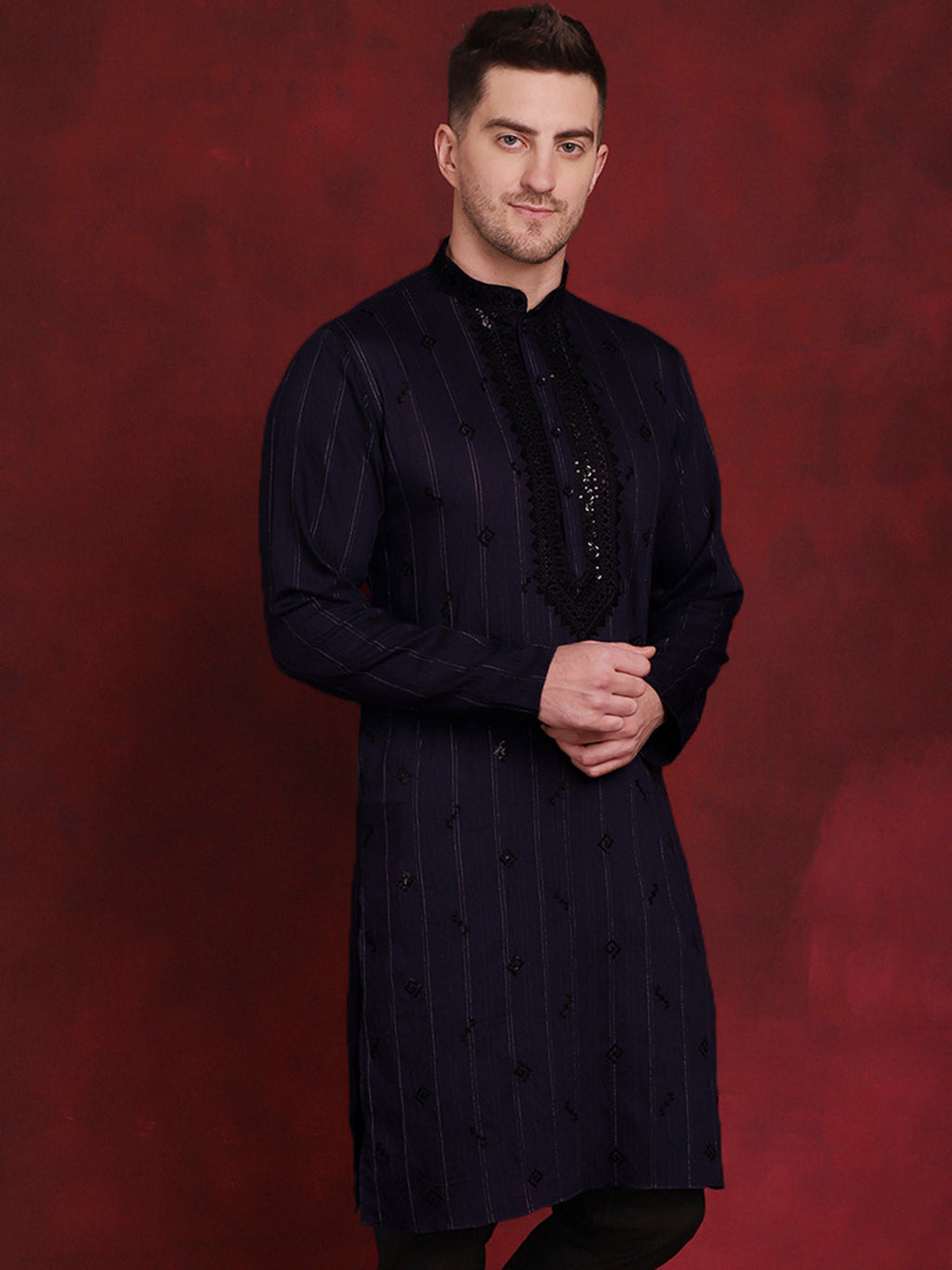 Jompers Men's Sequins Embroidered Kurta - Navy Blue | Grocsy