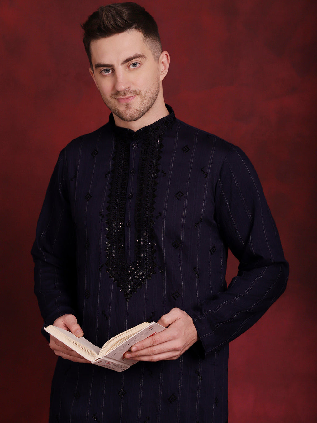 Jompers Men's Sequins Embroidered Kurta - Navy Blue | Grocsy