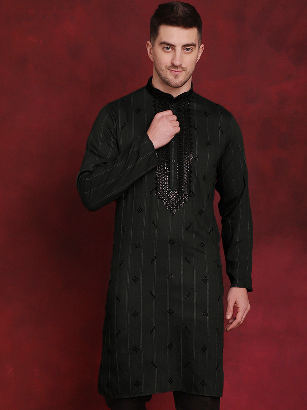 Jompers Men's Sequins Embroidered Kurta - Olive | Grocsy