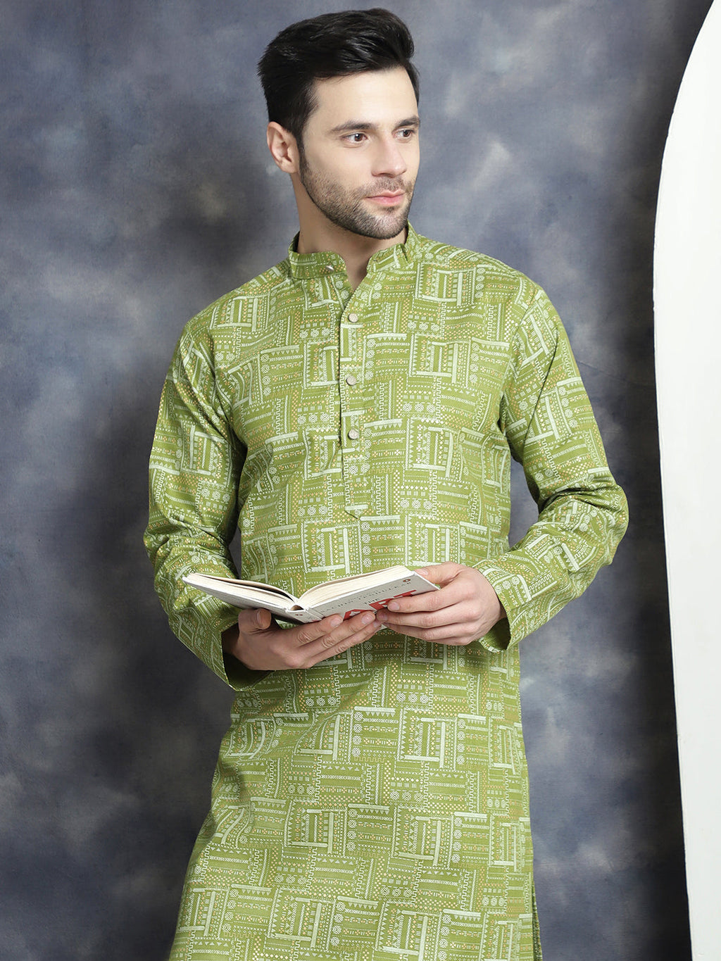 Jompers Men's Printed Kurta - Olive | Grocsy