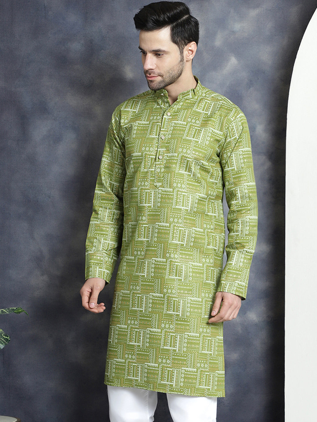 Jompers Men's Printed Kurta - Olive | Grocsy