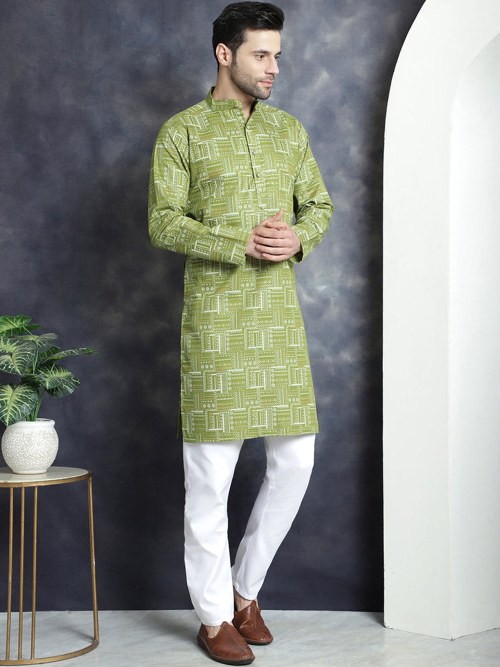 Jompers Men's Printed Kurta - Olive | Grocsy