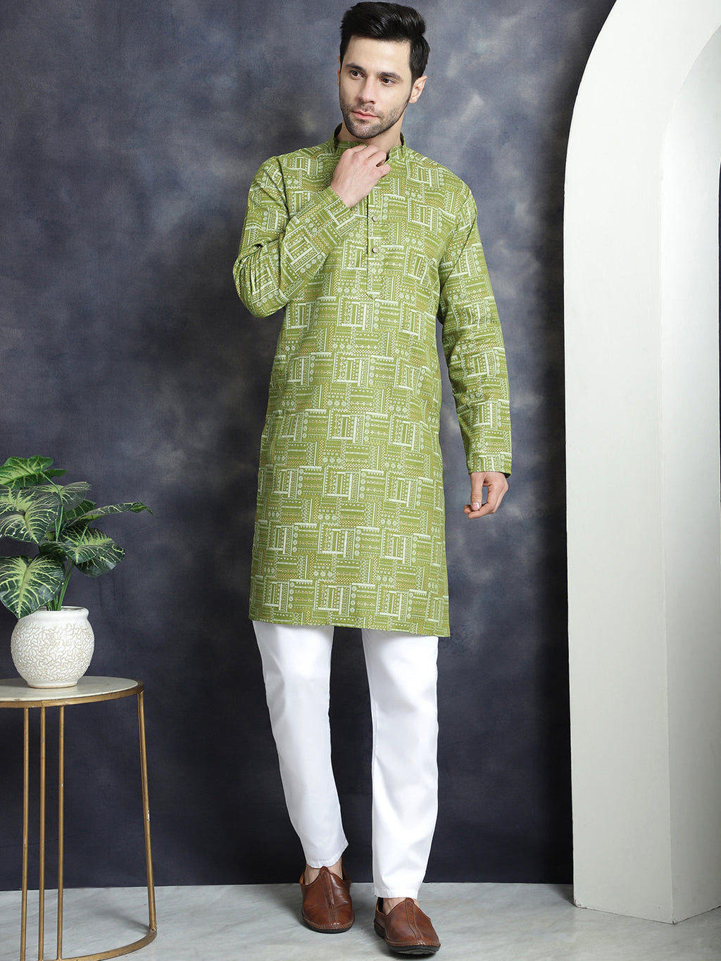 Jompers Men's Printed Kurta - Olive | Grocsy