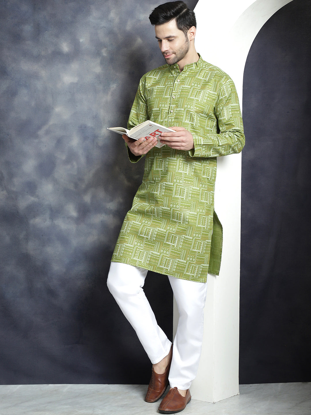 Jompers Men's Printed Kurta - Olive | Grocsy