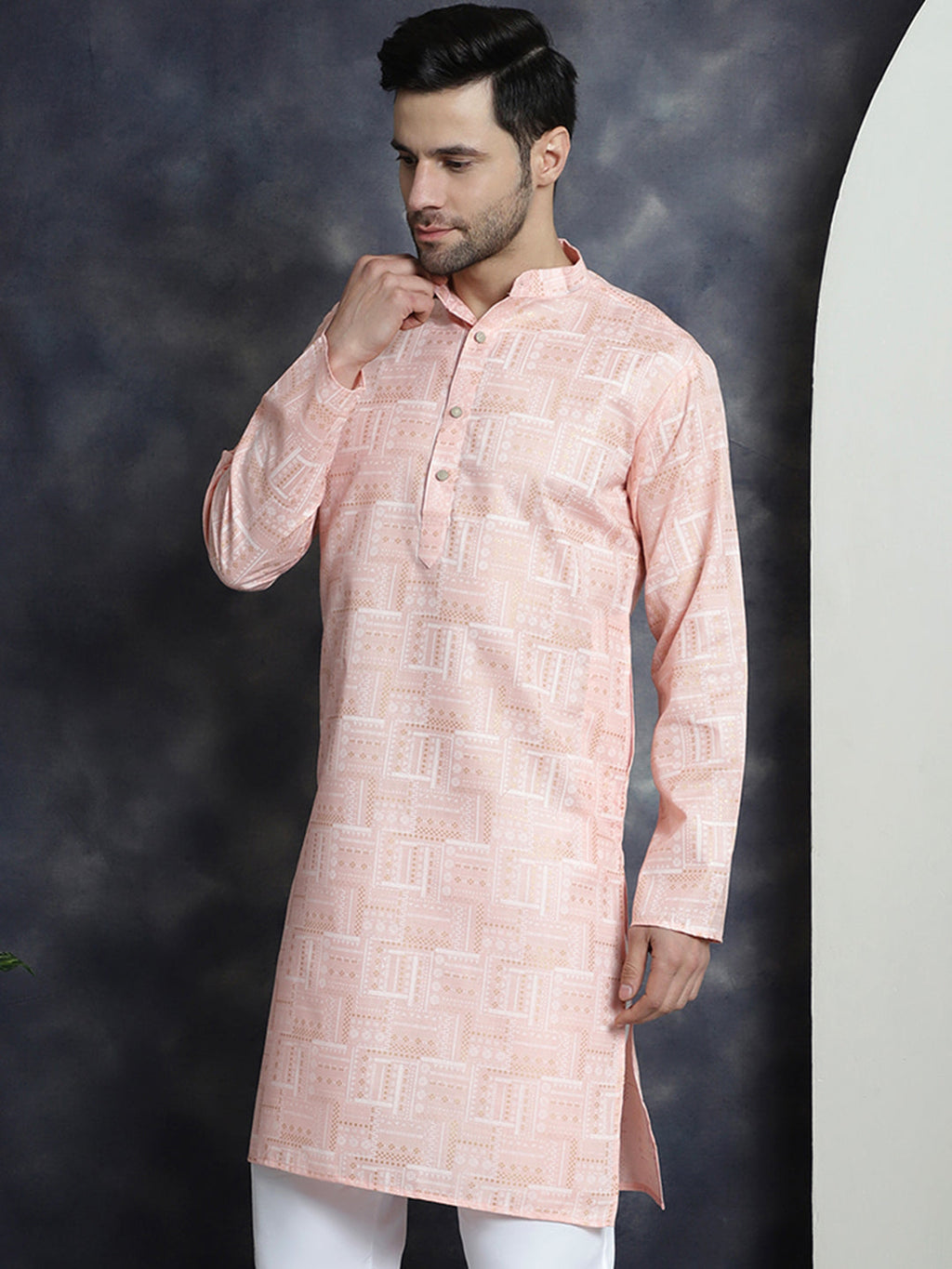 Jompers Men's Printed Kurta - Peach | Grocsy