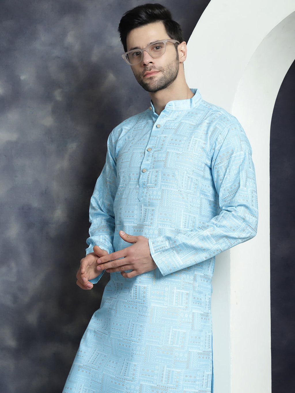 Jompers Men's Printed Kurta - Sky Blue | Grocsy