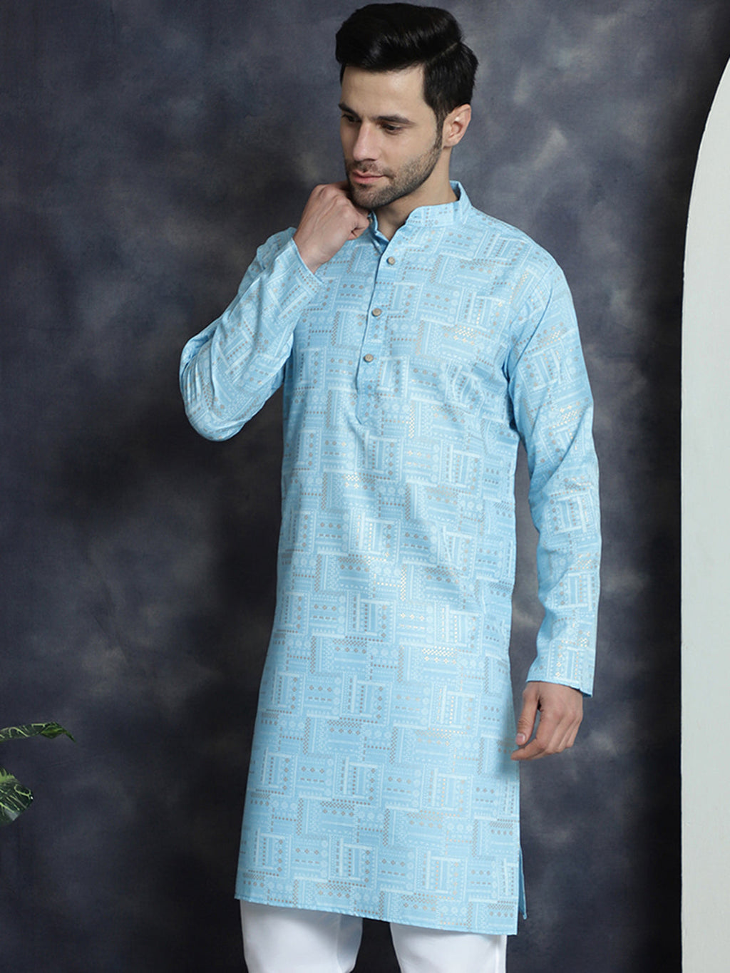 Jompers Men's Printed Kurta - Sky Blue | Grocsy