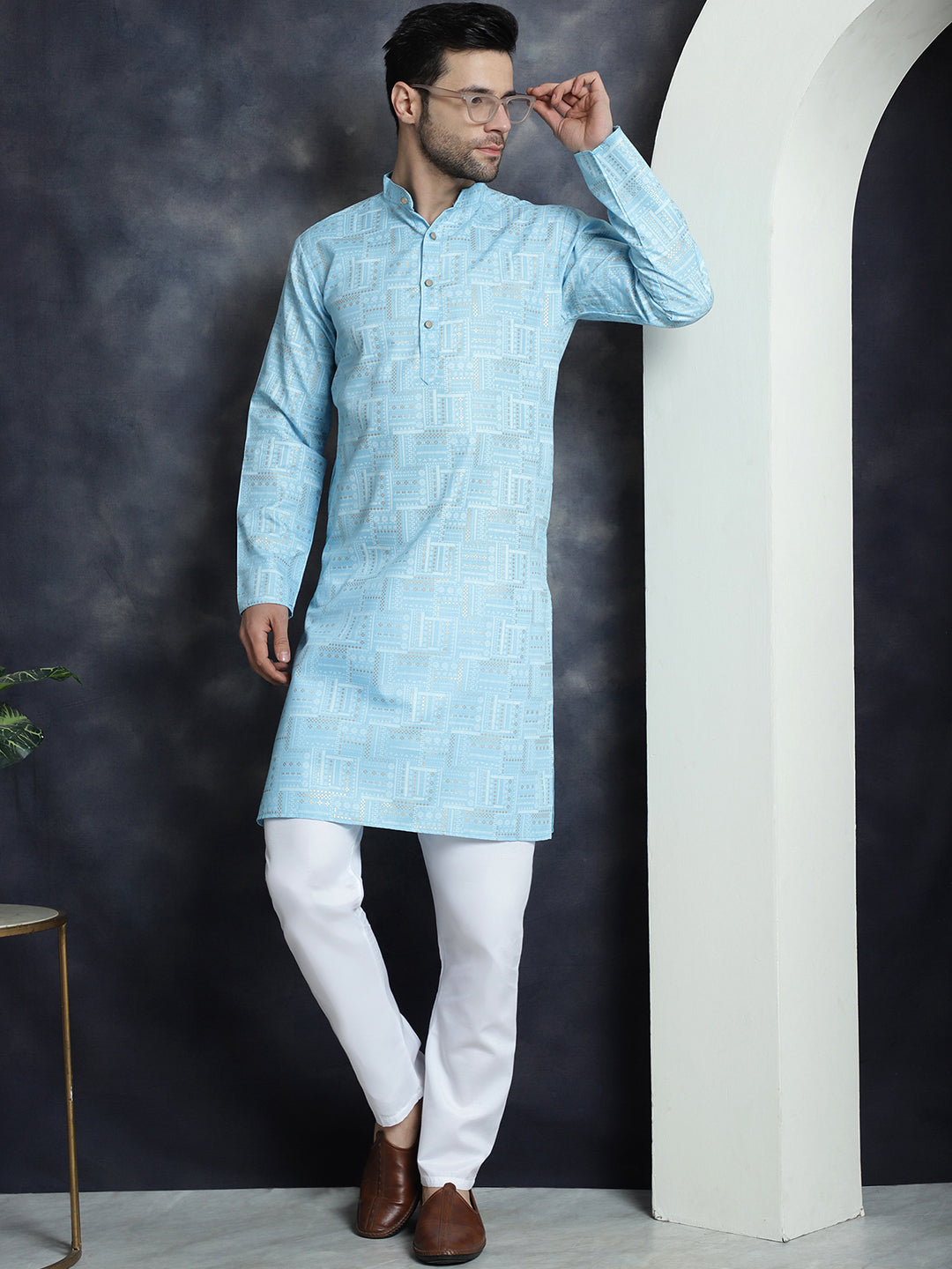 Jompers Men's Printed Kurta - Sky Blue | Grocsy
