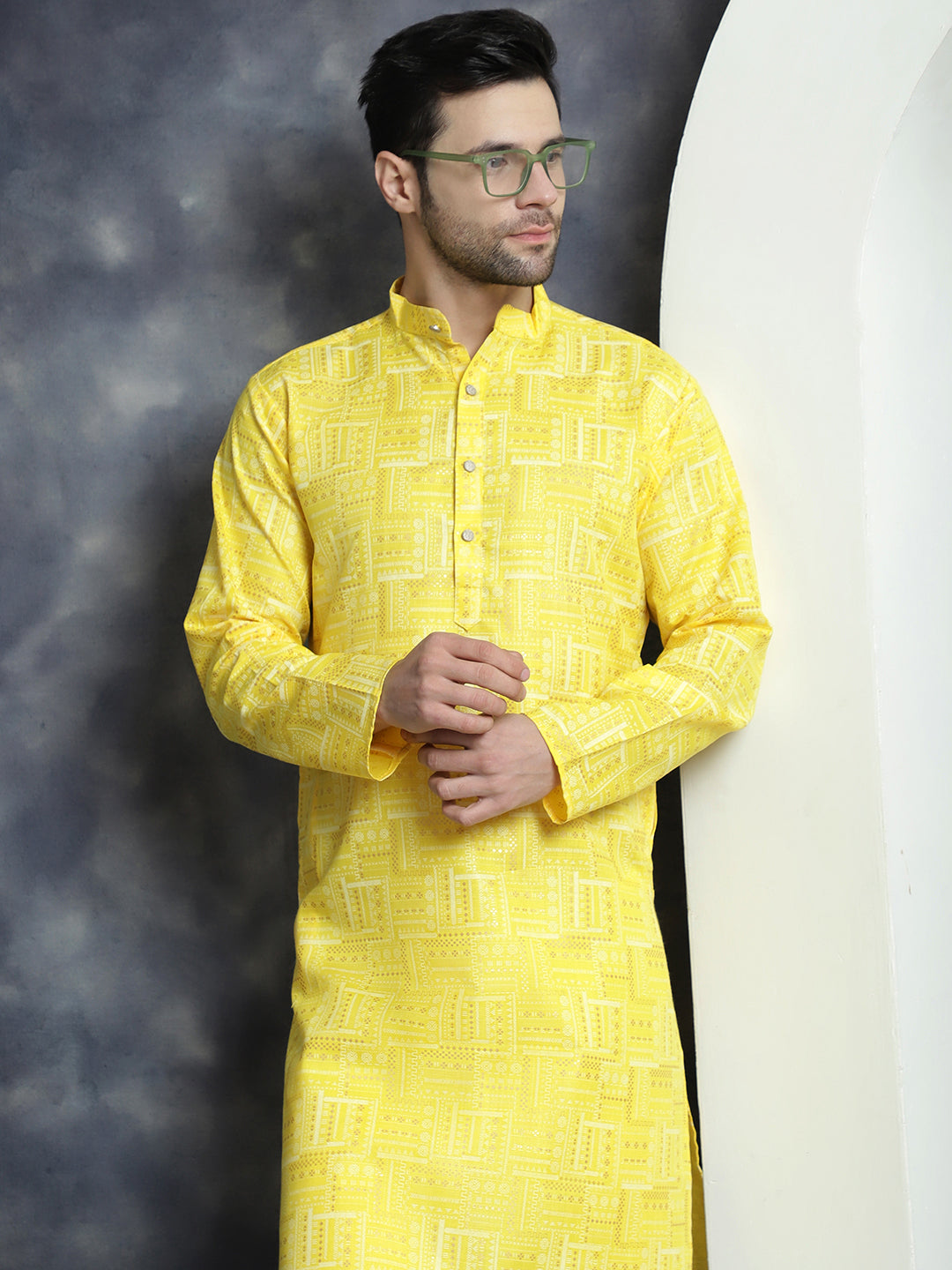Jompers Men's Printed Kurta - Yellow | Grocsy