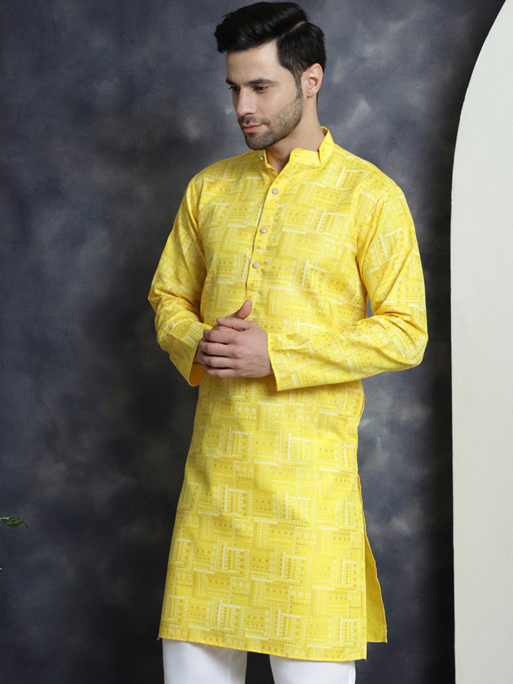 Jompers Men's Printed Kurta - Yellow | Grocsy