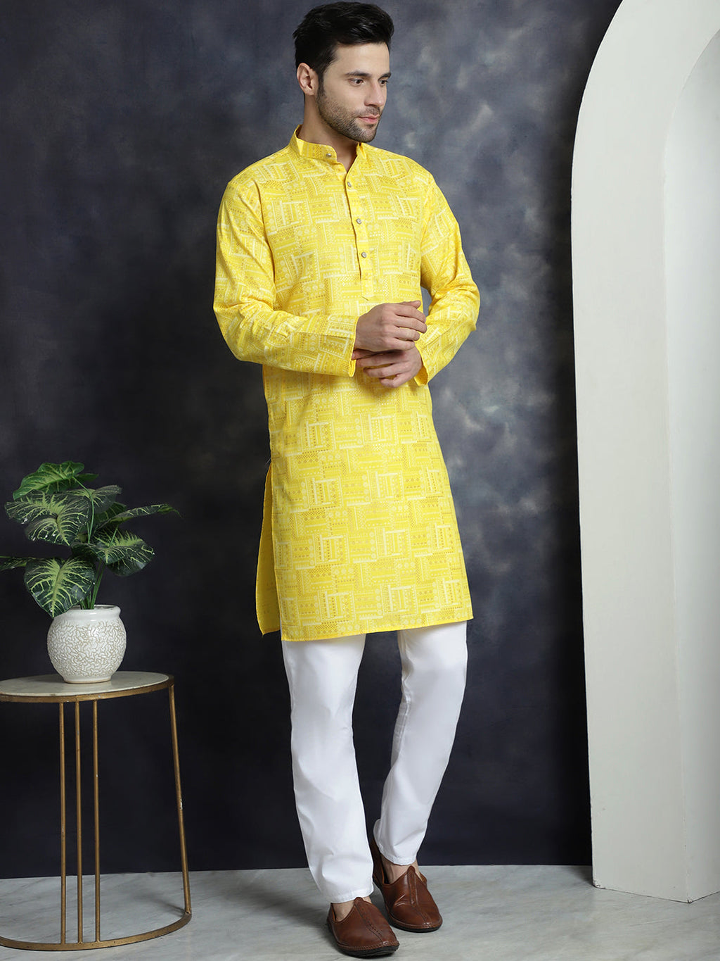 Jompers Men's Printed Kurta - Yellow | Grocsy