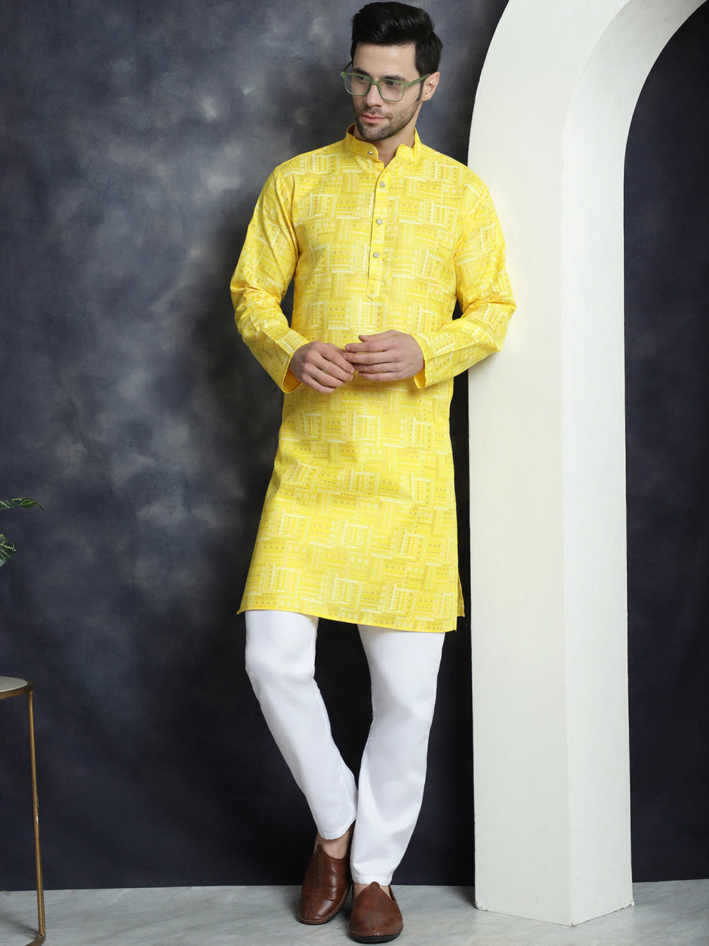 Jompers Men's Printed Kurta - Yellow | Grocsy