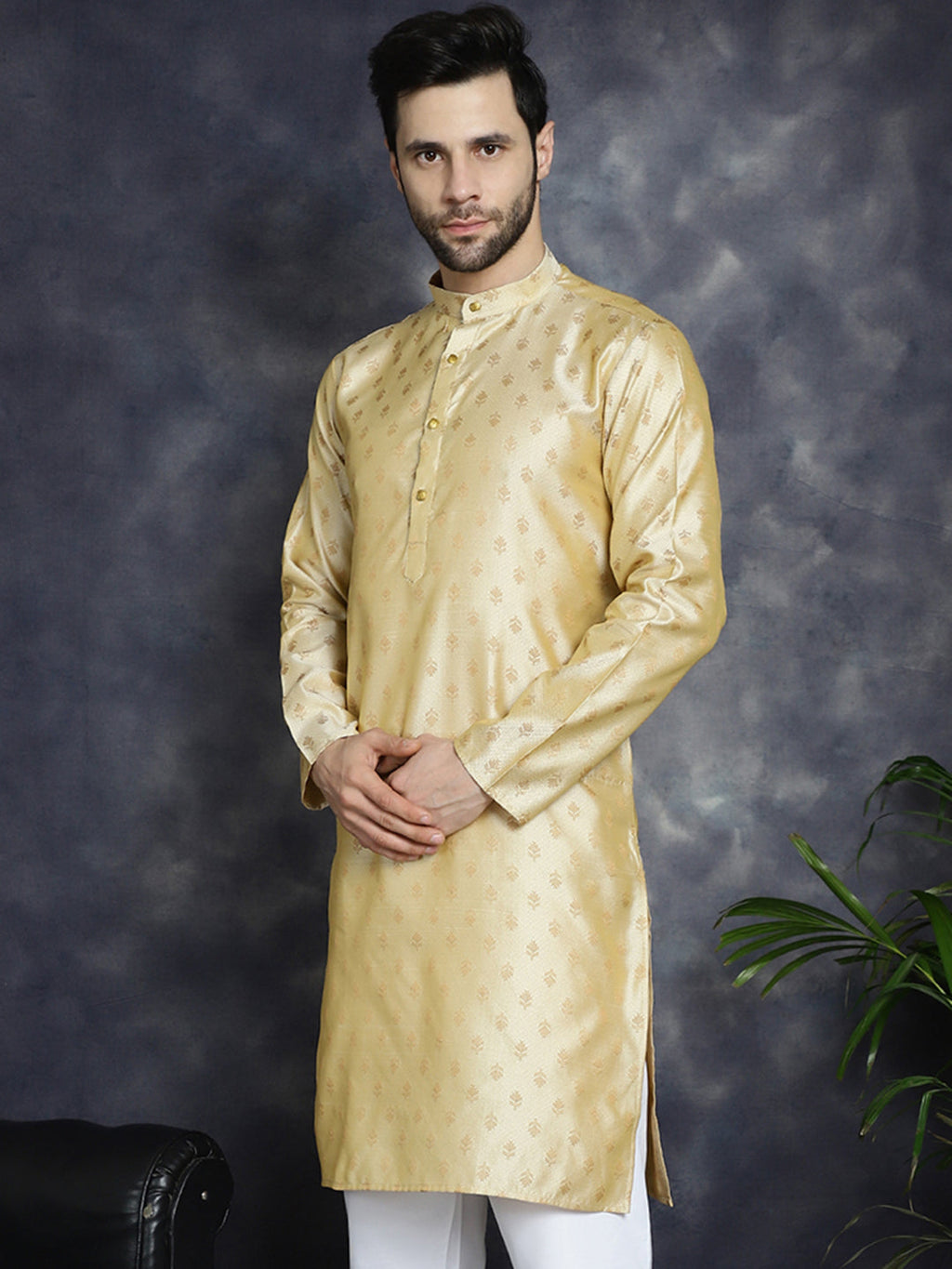 Jompers Men's Woven Design Silk Blend Kurta - Golden | Grocsy