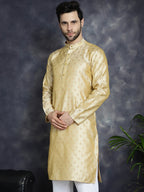 Jompers Men's Woven Design Silk Blend Kurta - Golden | Grocsy