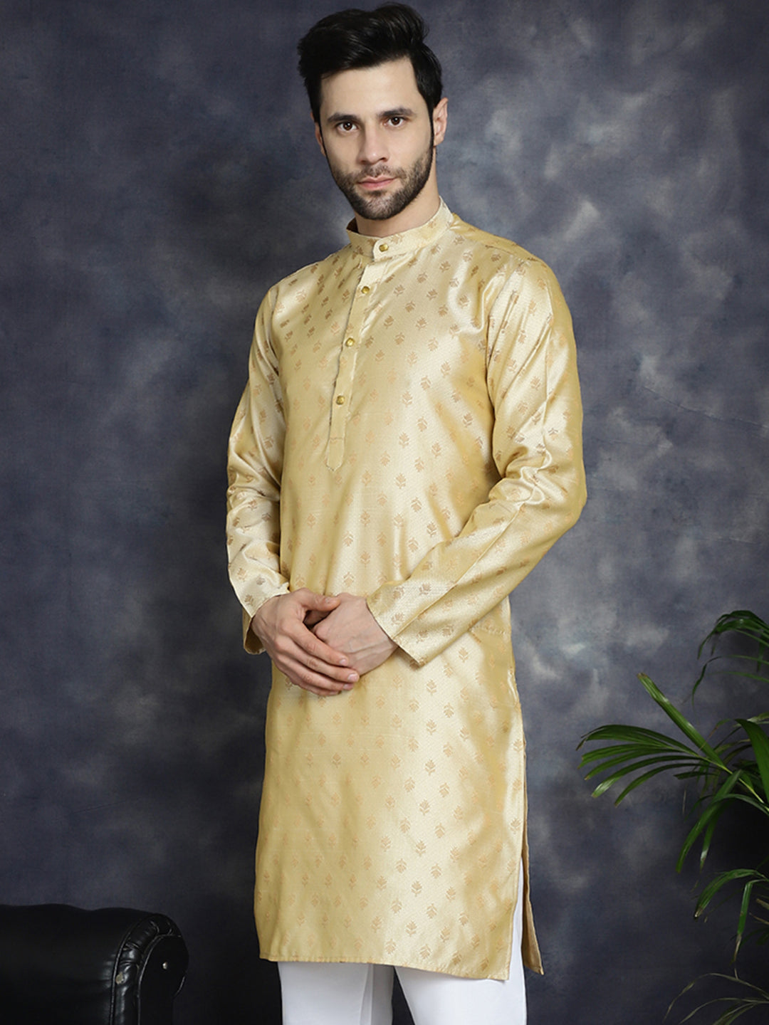 Jompers Men's Woven Design Silk Blend Kurta - Golden | Grocsy
