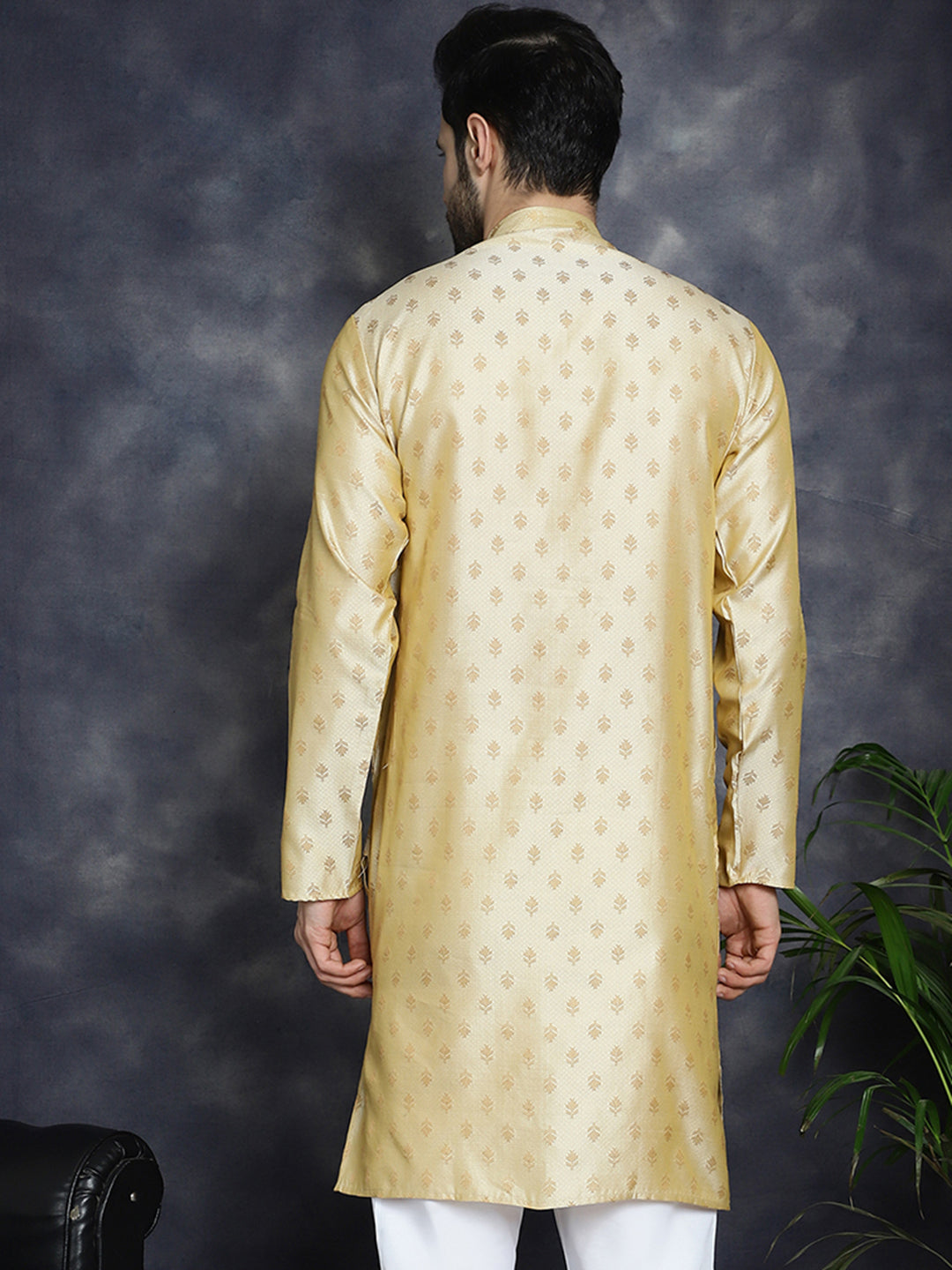 Jompers Men's Woven Design Silk Blend Kurta - Golden | Grocsy
