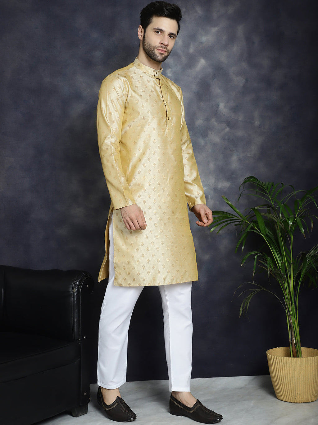 Jompers Men's Woven Design Silk Blend Kurta - Golden | Grocsy