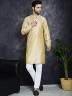 Jompers Men's Woven Design Silk Blend Kurta - Golden | Grocsy