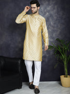Jompers Men's Woven Design Silk Blend Kurta - Golden | Grocsy