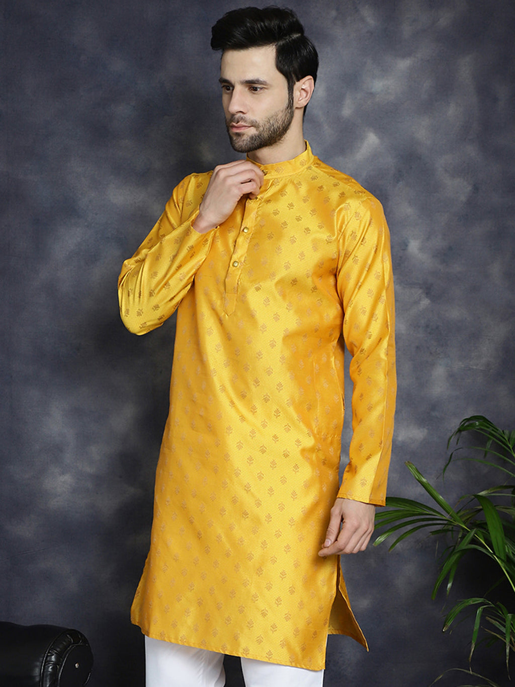 Jompers Men's Woven Design Silk Blend Kurta - Mustard | Grocsy