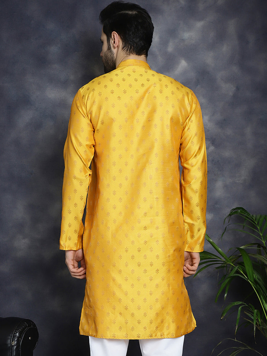 Jompers Men's Woven Design Silk Blend Kurta - Mustard | Grocsy