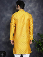 Jompers Men's Woven Design Silk Blend Kurta - Mustard | Grocsy