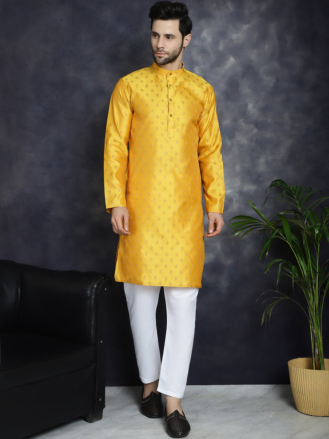 Jompers Men's Woven Design Silk Blend Kurta - Mustard | Grocsy