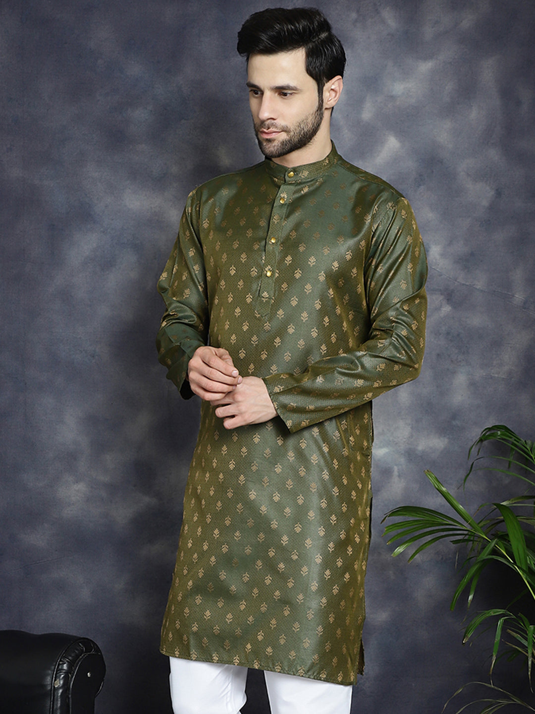 Jompers Men's Woven Design Silk Blend Kurta - Olive | Grocsy