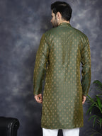 Jompers Men's Woven Design Silk Blend Kurta - Olive | Grocsy