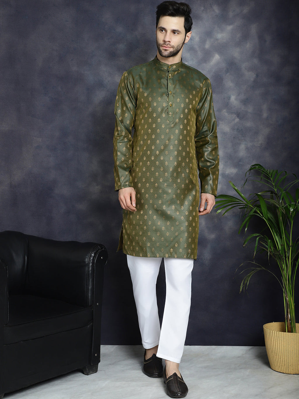 Jompers Men's Woven Design Silk Blend Kurta - Olive | Grocsy