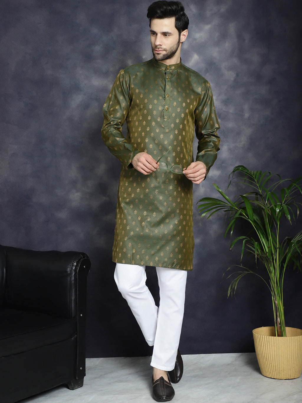 Jompers Men's Woven Design Silk Blend Kurta - Olive | Grocsy