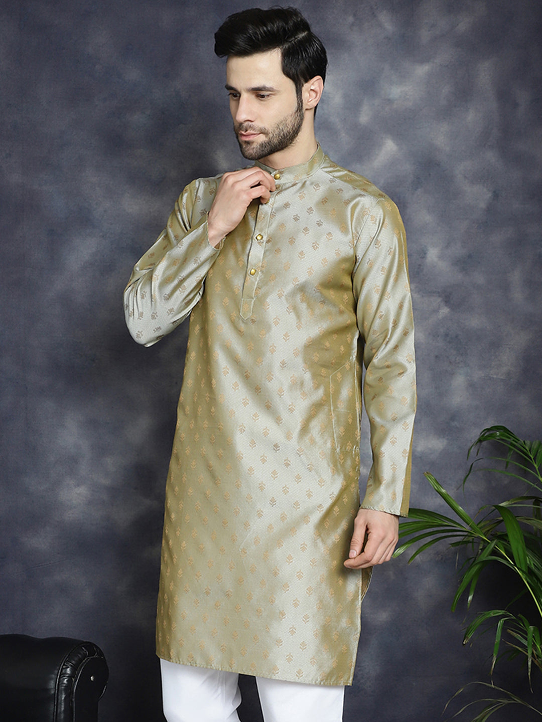 Jompers Men's Woven Design Silk Blend Kurta - Pista | Grocsy