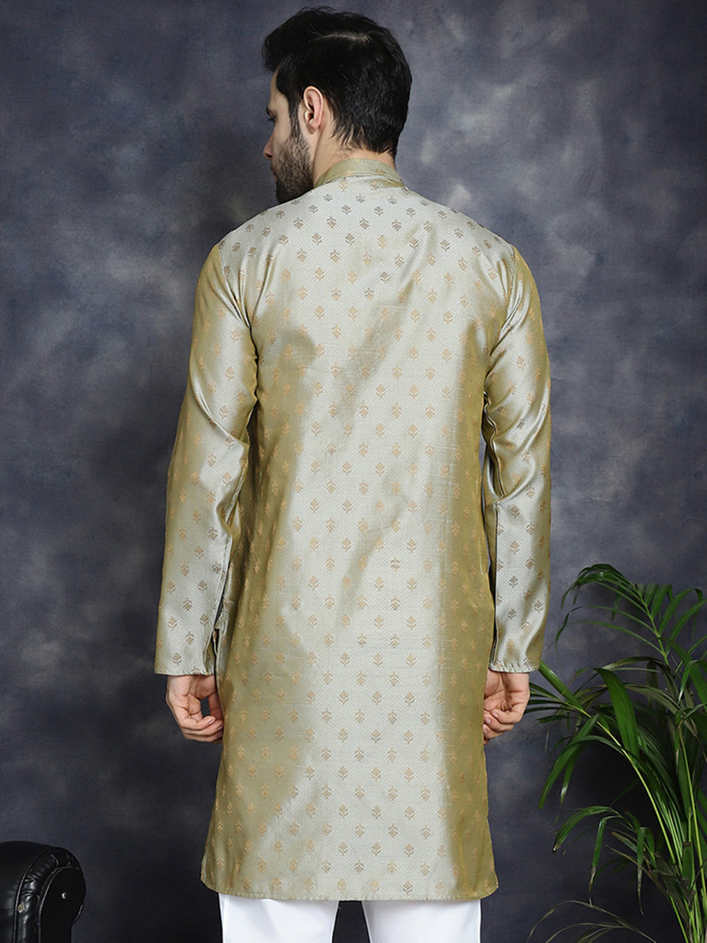 Jompers Men's Woven Design Silk Blend Kurta - Pista | Grocsy