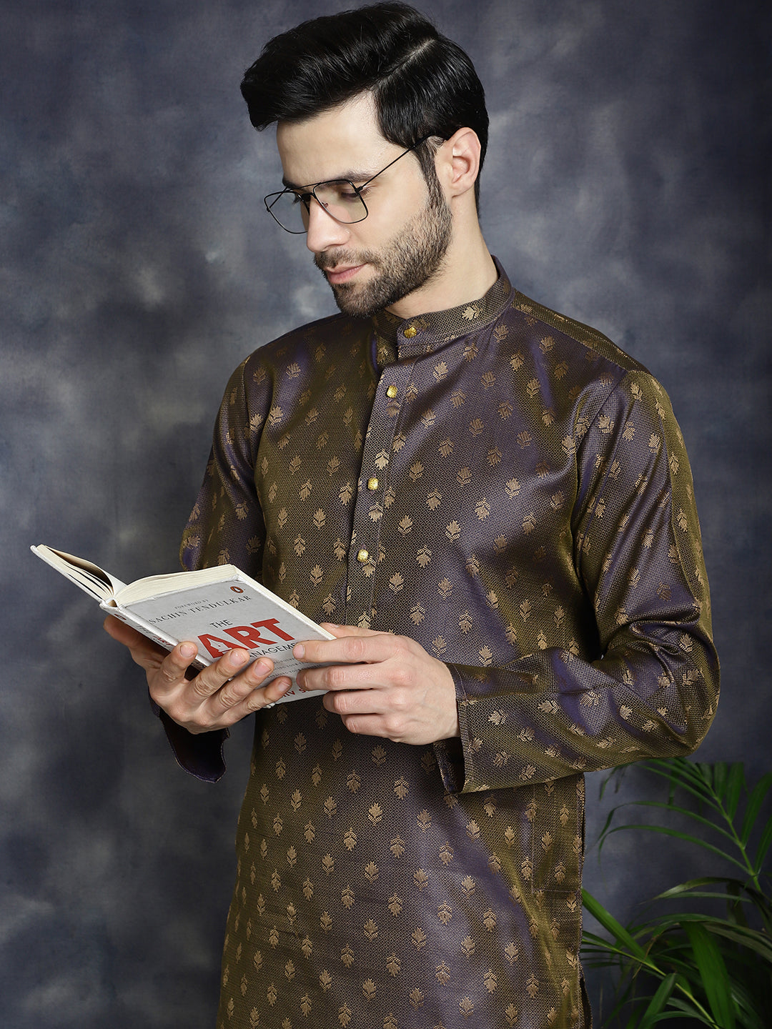 Jompers Men's Woven Design Silk Blend Kurta - Purple | Grocsy