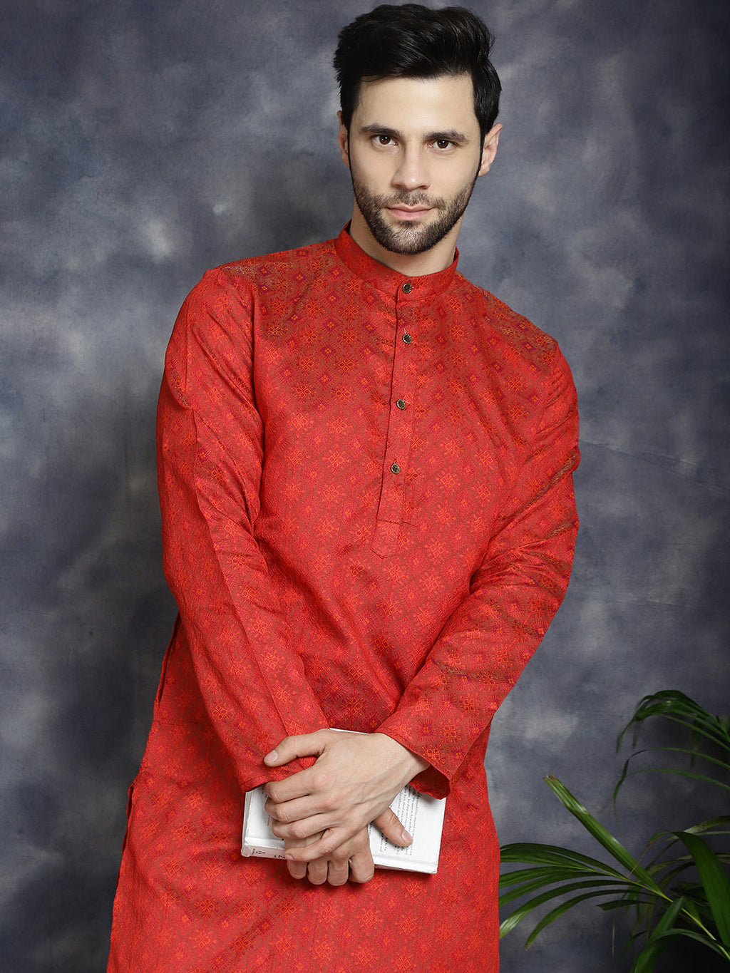 Jompers Men's Red Woven Design Kurta - Red | Grocsy