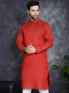 Jompers Men's Red Woven Design Kurta - Red | Grocsy