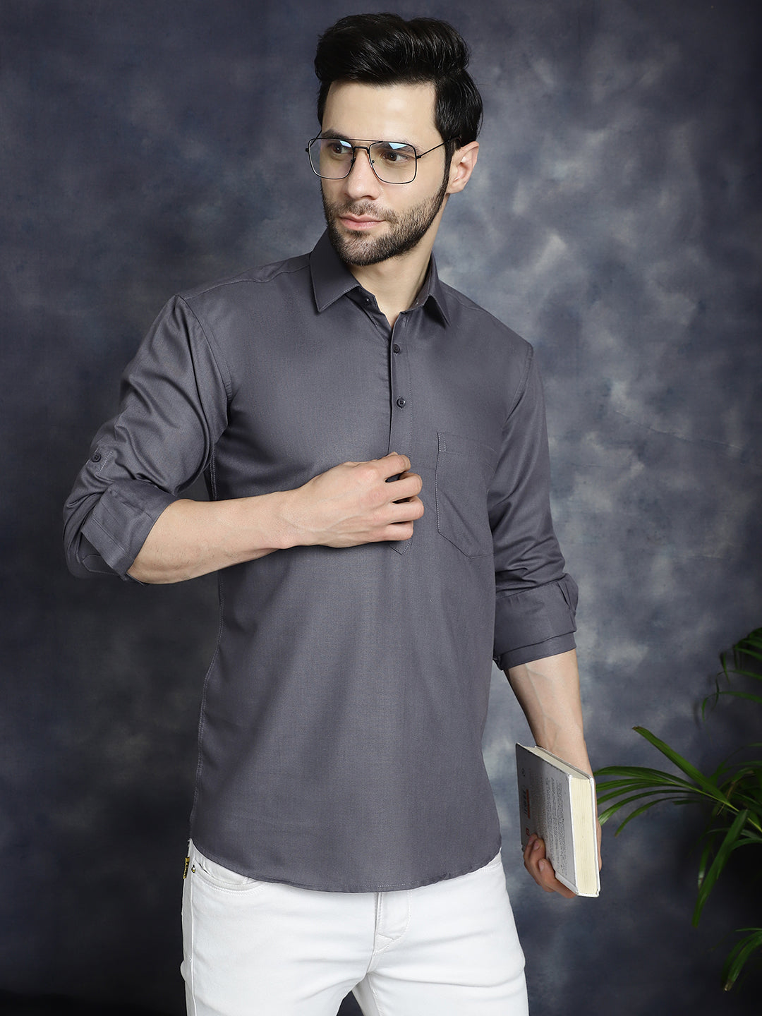 Jompers Men's Grey Solid Short Kurta | Grocsy