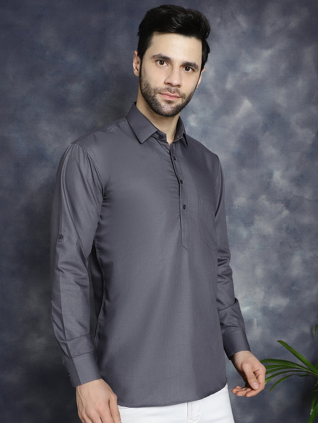 Jompers Men's Grey Solid Short Kurta | Grocsy