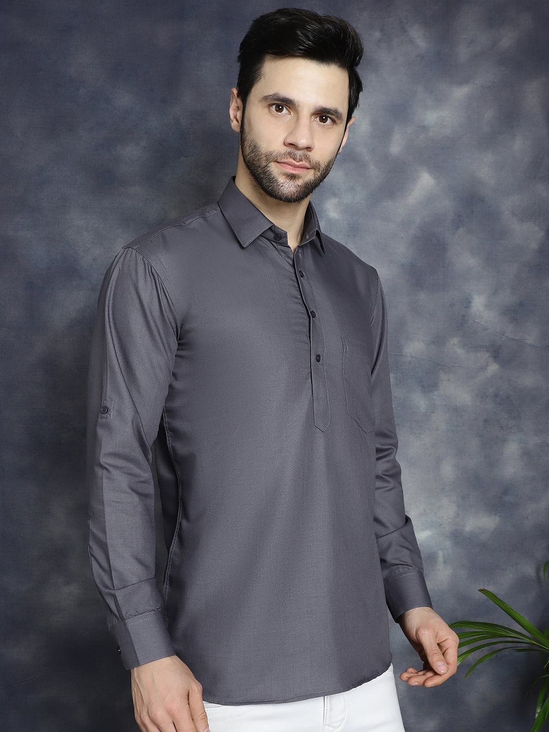 Jompers Men's Grey Solid Short Kurta | Grocsy