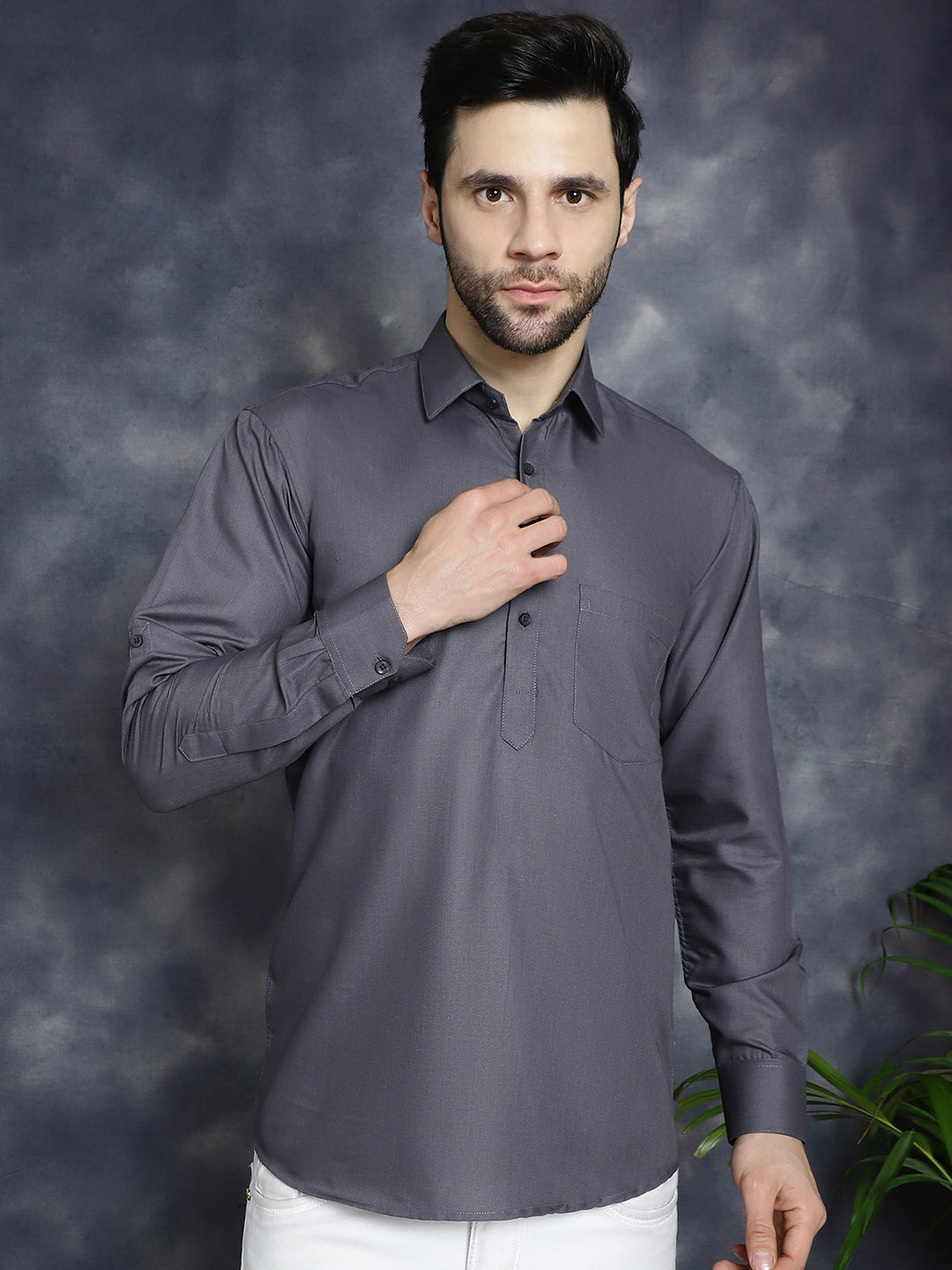 Jompers Men's Grey Solid Short Kurta | Grocsy