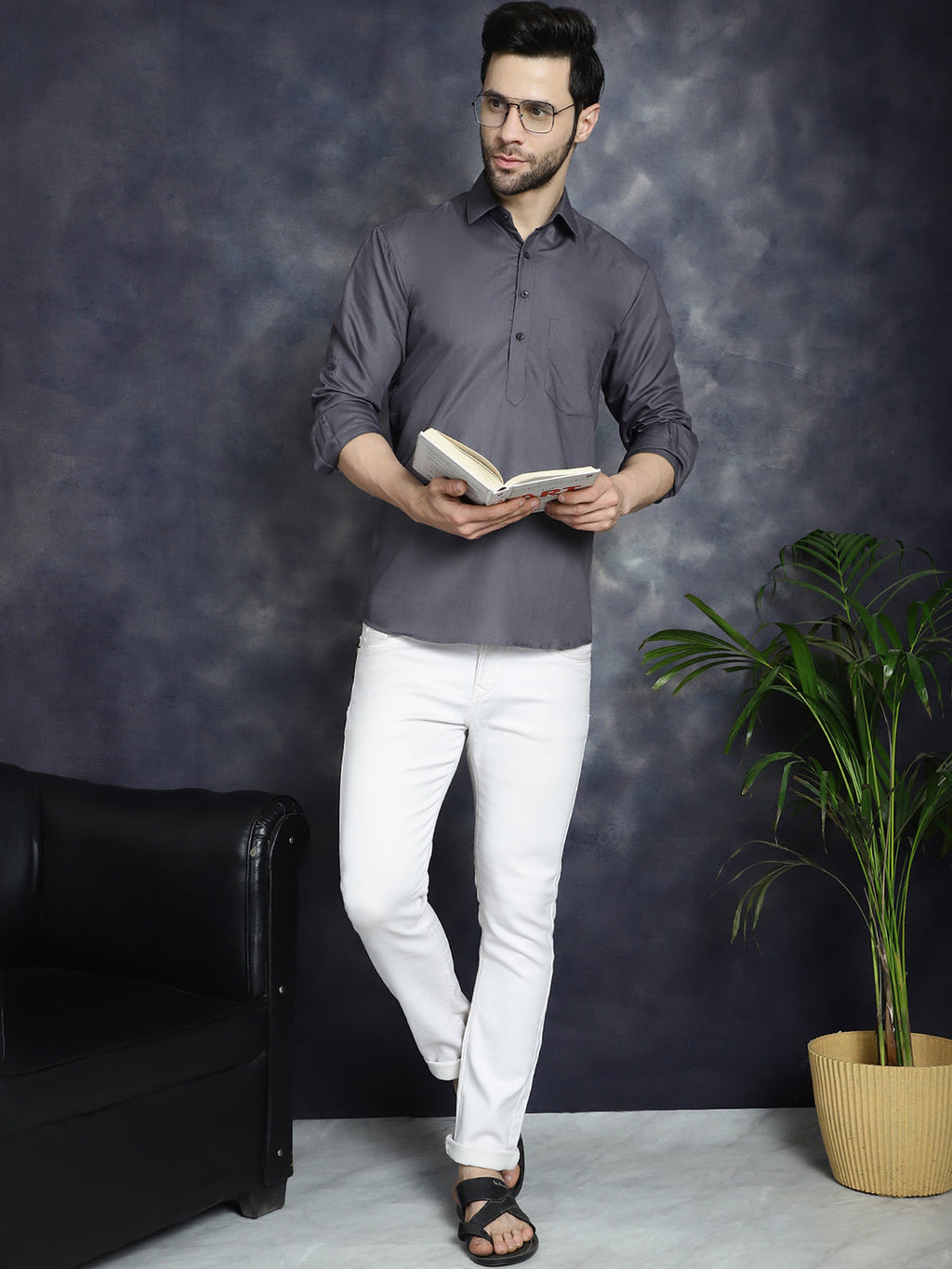Jompers Men's Grey Solid Short Kurta | Grocsy