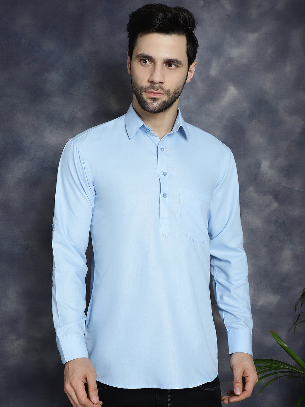 Jompers Men's Light Blue Solid Short Kurta | Grocsy