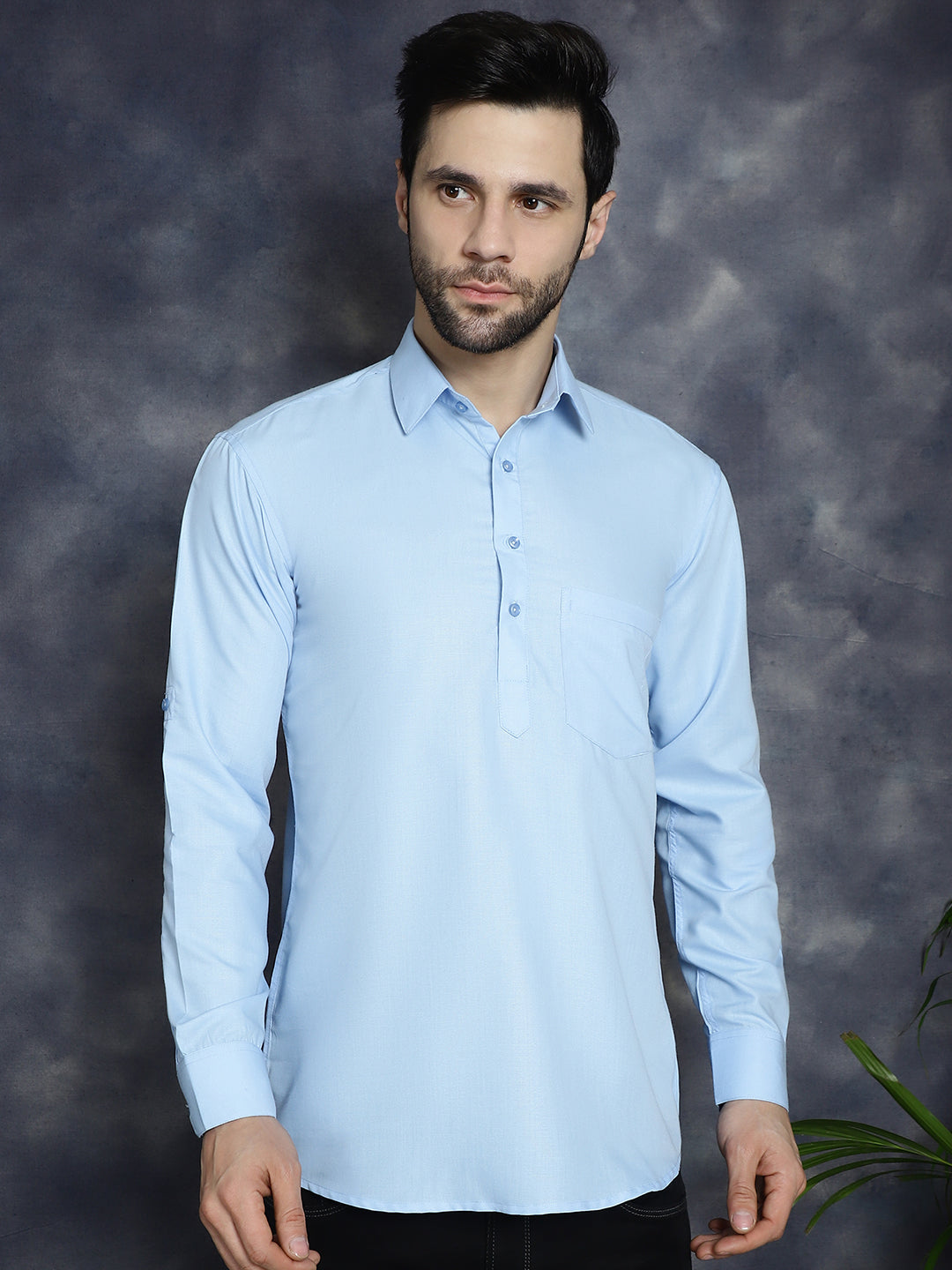Jompers Men's Light Blue Solid Short Kurta | Grocsy