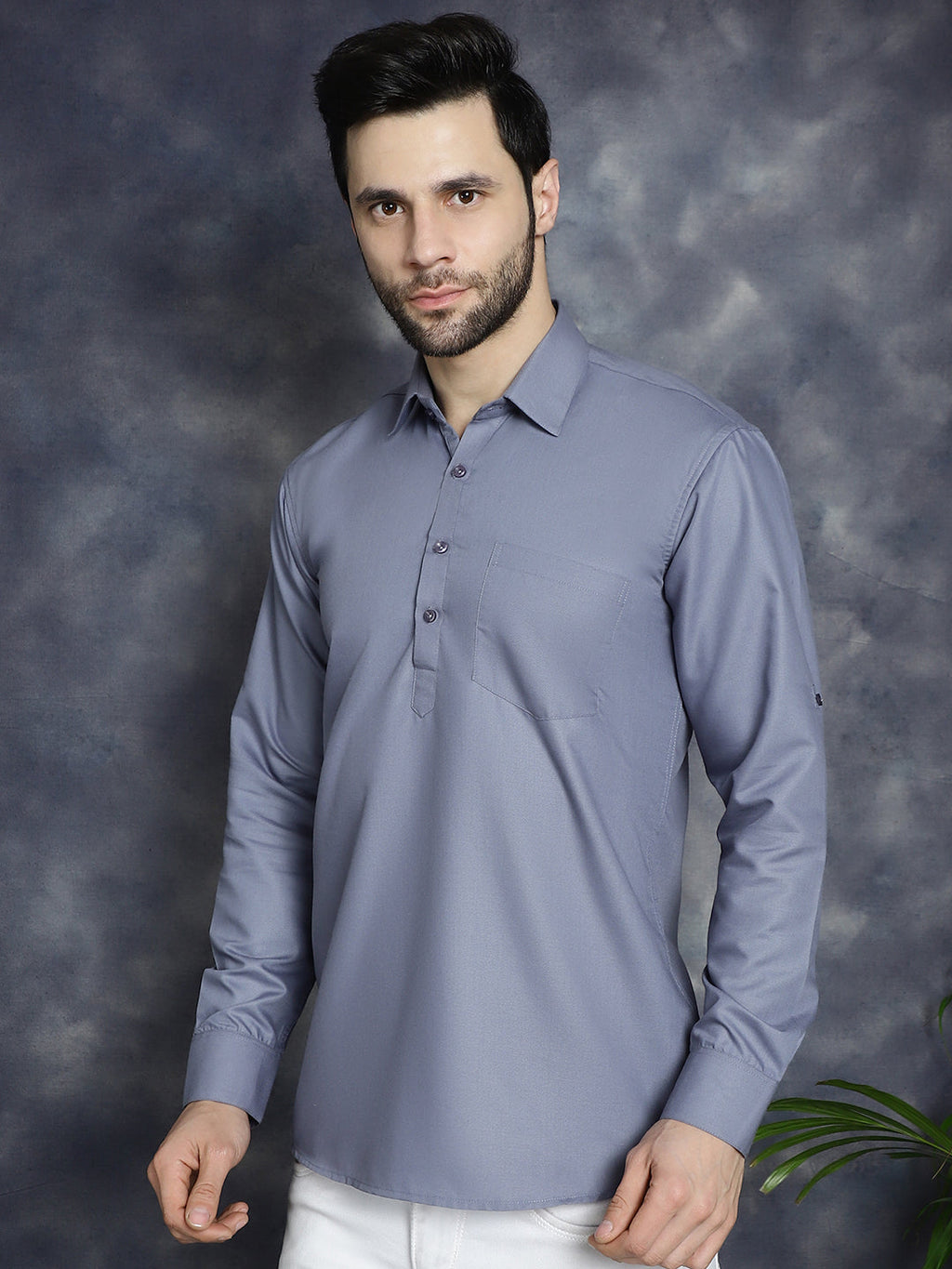 Jompers Men's Light Grey Solid Short Kurta | Grocsy