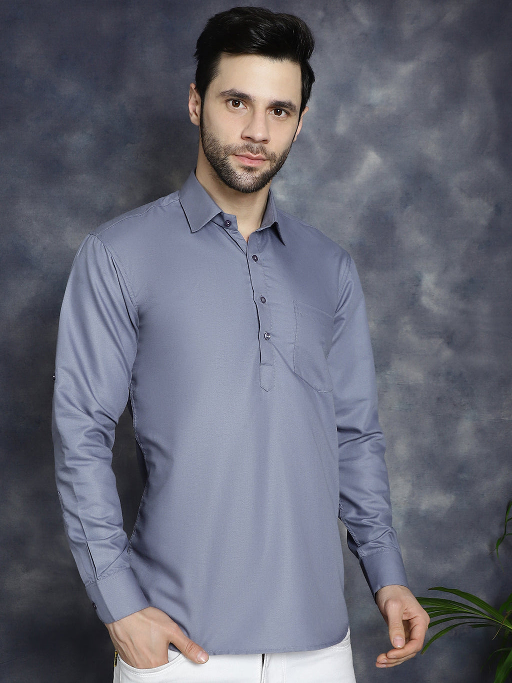 Jompers Men's Light Grey Solid Short Kurta | Grocsy