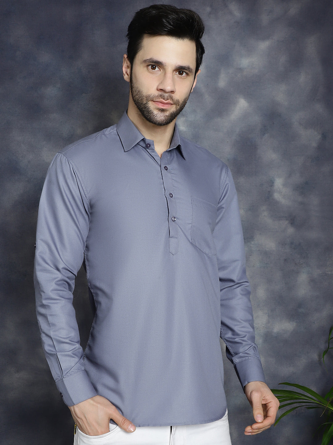 Jompers Men's Light Grey Solid Short Kurta | Grocsy