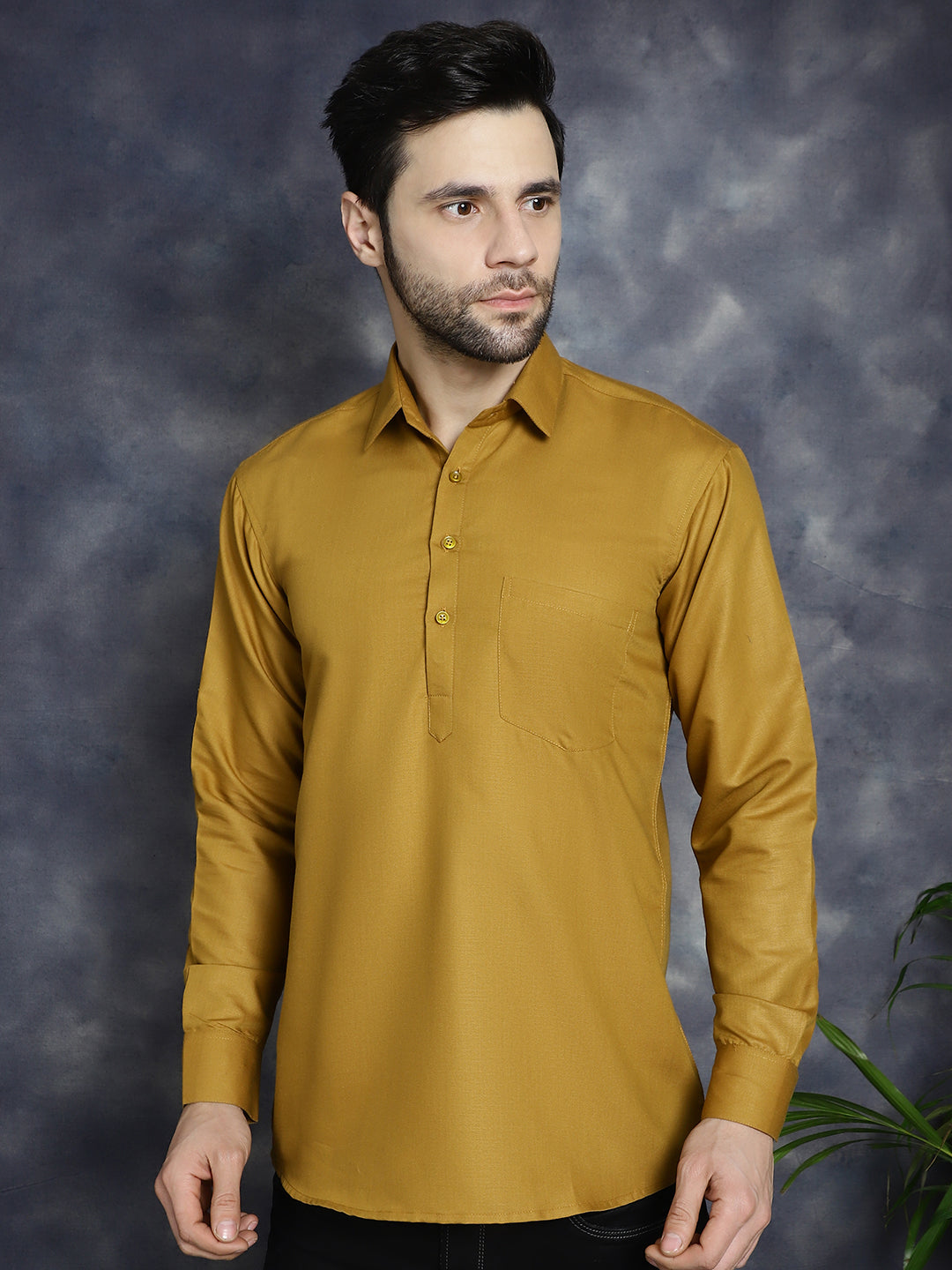 Jompers Men's Mustard Solid Short Kurta | Grocsy